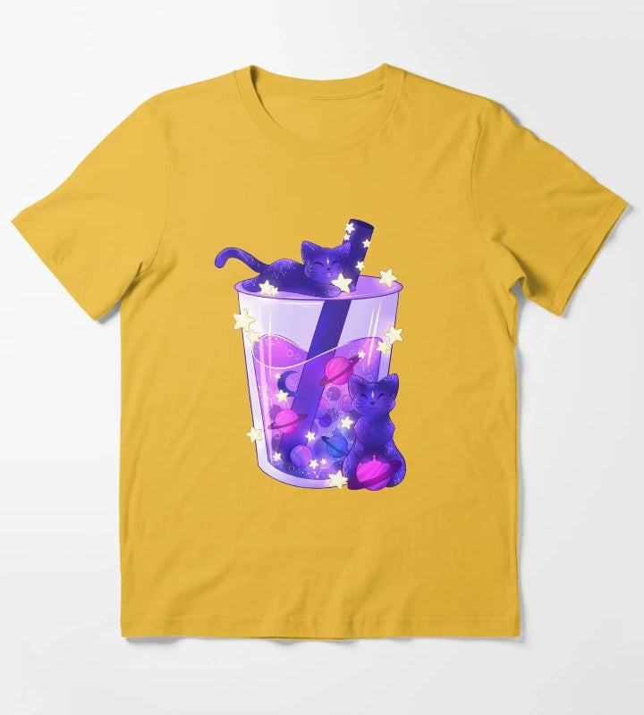Purple Galaxy Cats Boba Tea T-Shirt Yellow