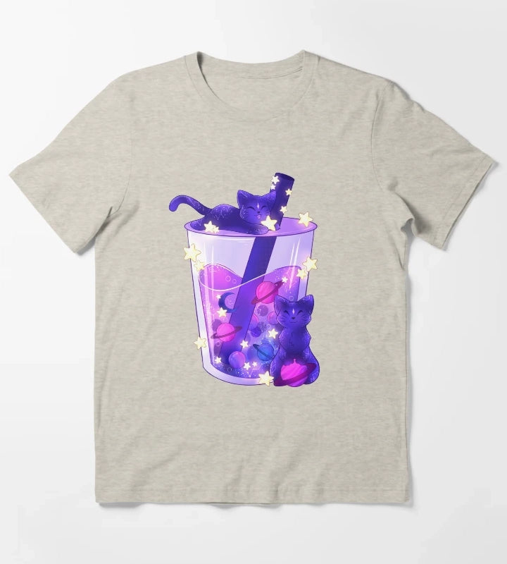 Purple Galaxy Cats Boba Tea T-Shirt Cream