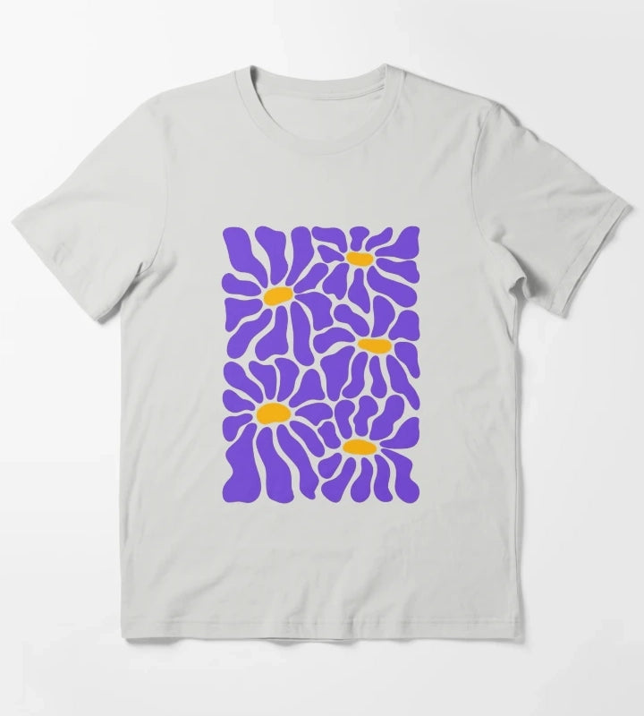 Purple Retro Daisies T-Shirt Light Grey