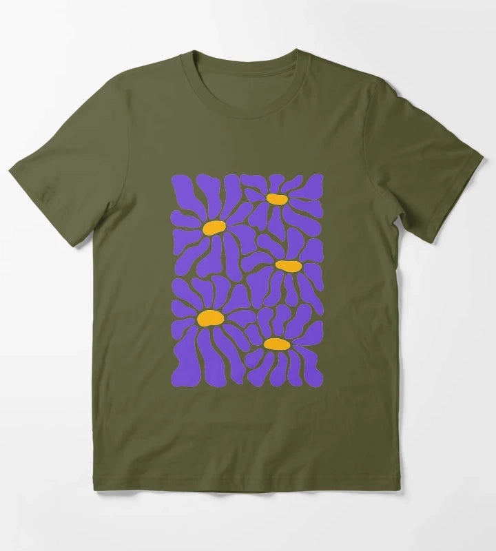 Purple Retro Daisies T-Shirt Olive Green