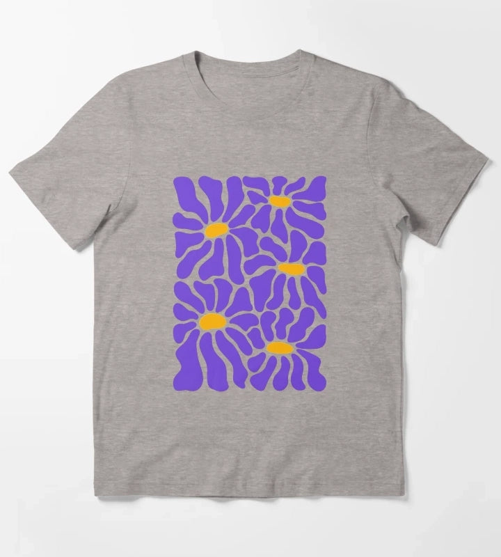 Purple Retro Daisies T-Shirt Heather Grey