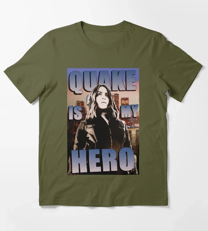 Quake Is My Hero Poster T-Shirt Olive Green