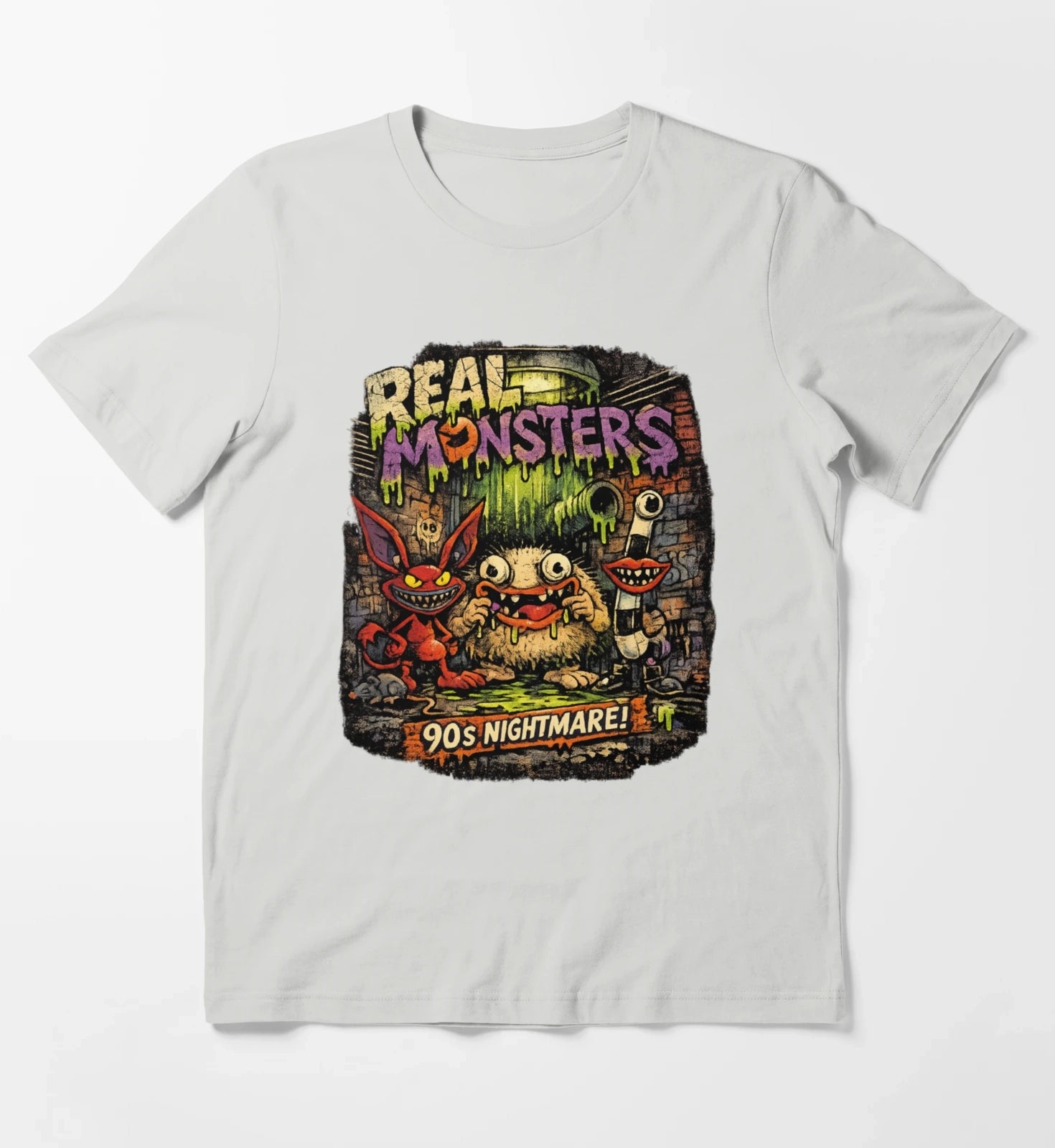 REAL MONSTERS Vintage Graphic Tee Retro 90s Cartoon Streetwear Shirt T-Shirt Light Grey