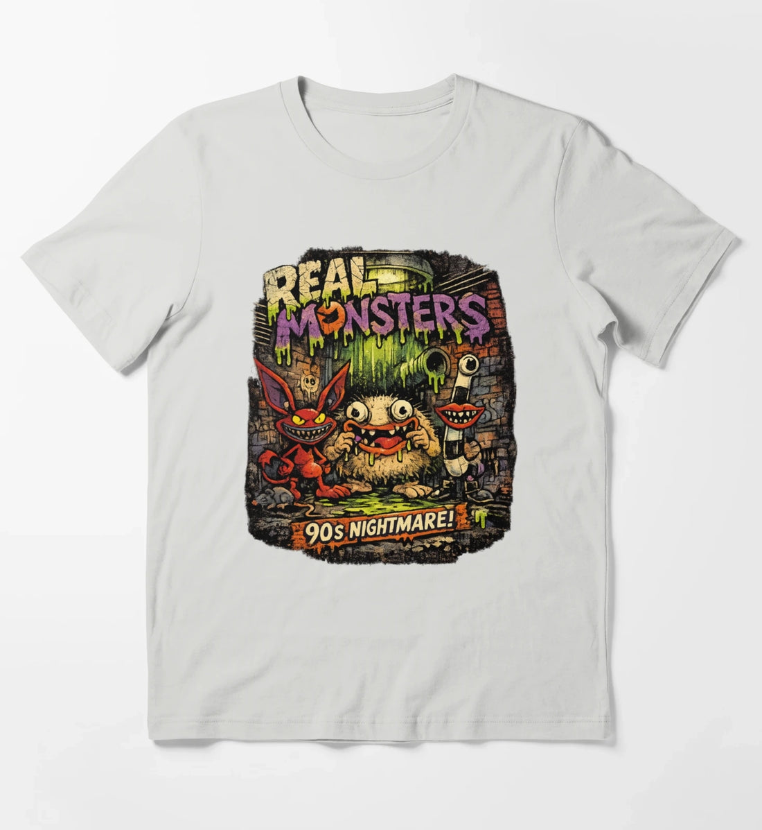 REAL MONSTERS Vintage Graphic Tee Retro 90s Cartoon Streetwear Shirt T-Shirt Light Grey