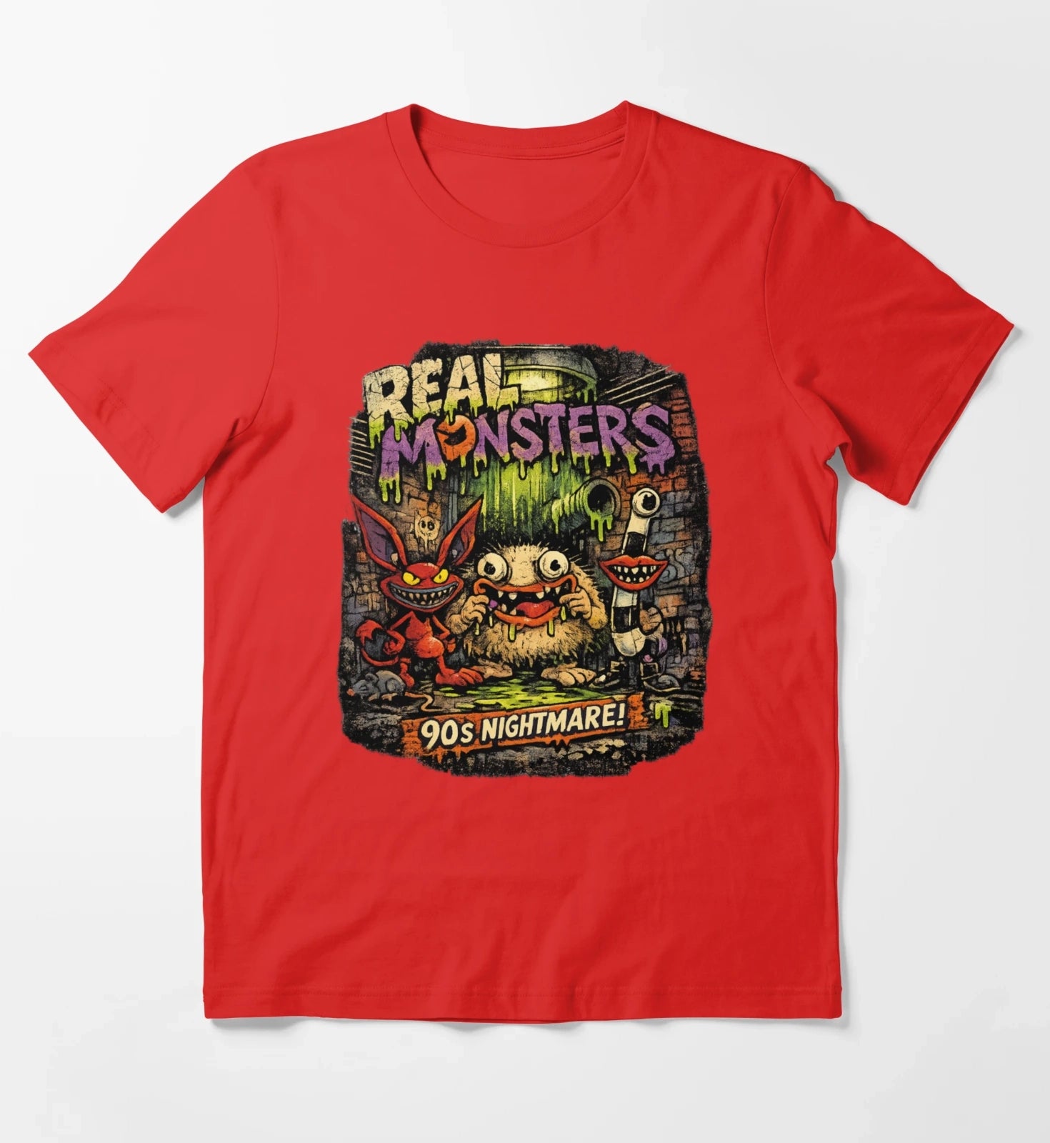 REAL MONSTERS Vintage Graphic Tee Retro 90s Cartoon Streetwear Shirt T-Shirt Red