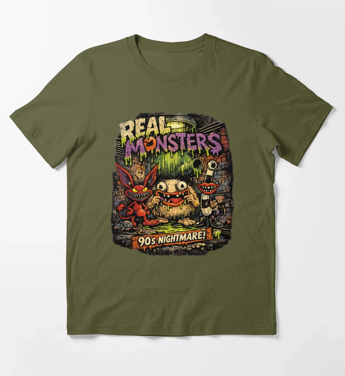 REAL MONSTERS Vintage Graphic Tee Retro 90s Cartoon Streetwear Shirt T-Shirt Olive Green