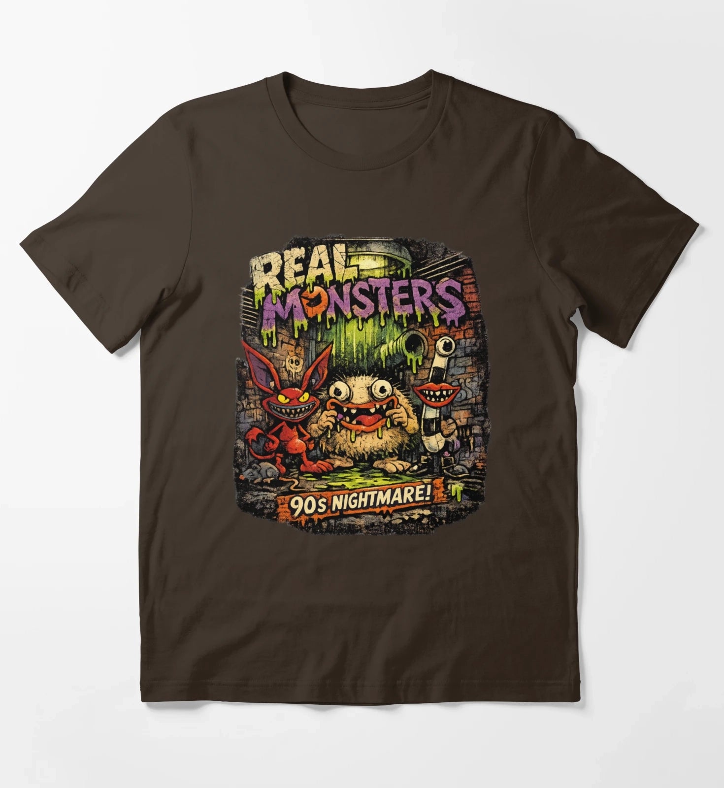 REAL MONSTERS Vintage Graphic Tee Retro 90s Cartoon Streetwear Shirt T-Shirt Brown