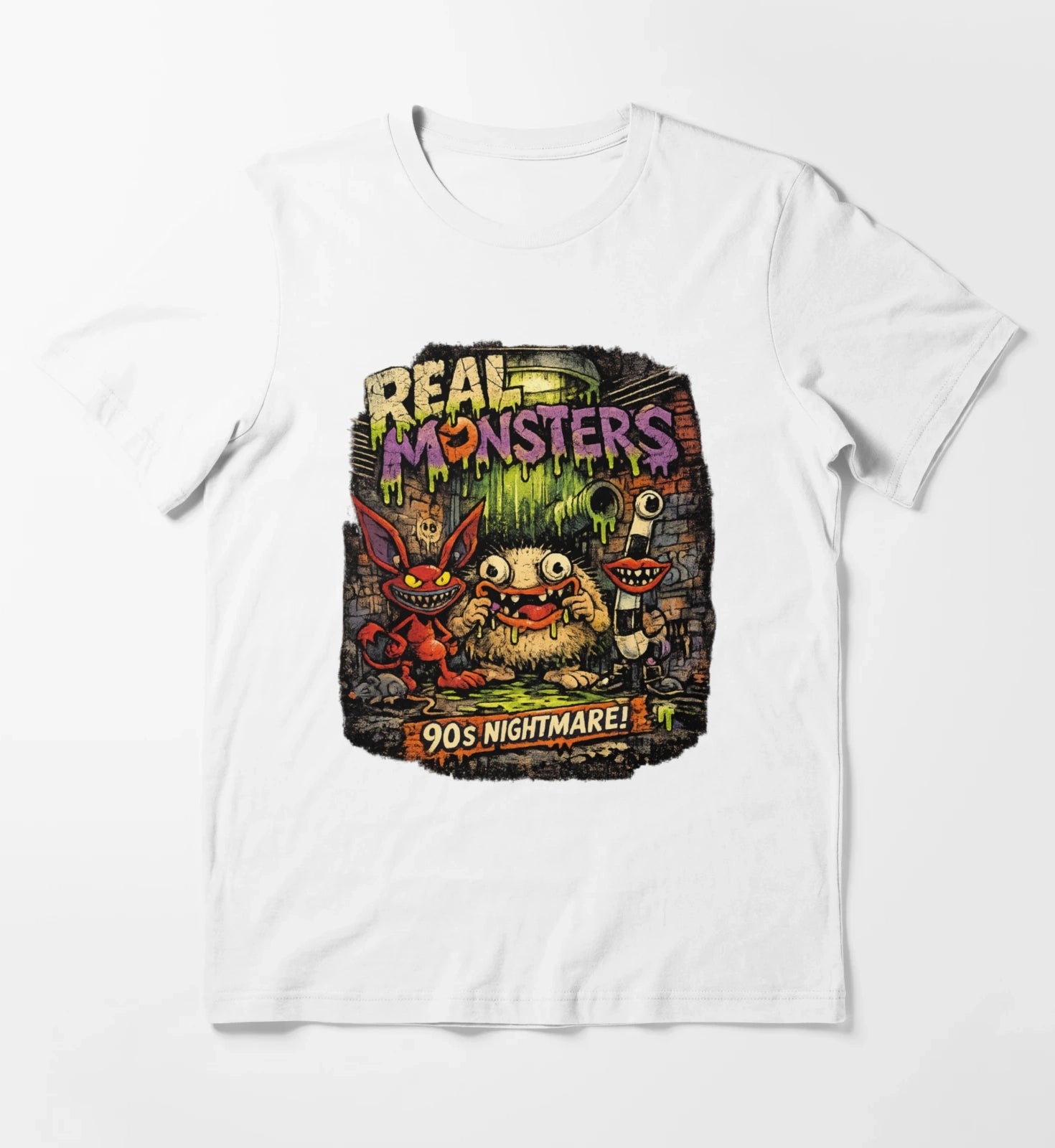 REAL MONSTERS Vintage Graphic Tee Retro 90s Cartoon Streetwear Shirt T-Shirt White
