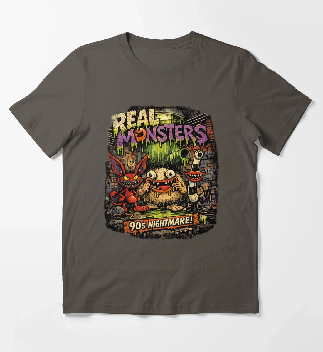 REAL MONSTERS Vintage Graphic Tee Retro 90s Cartoon Streetwear Shirt T-Shirt Dark Grey