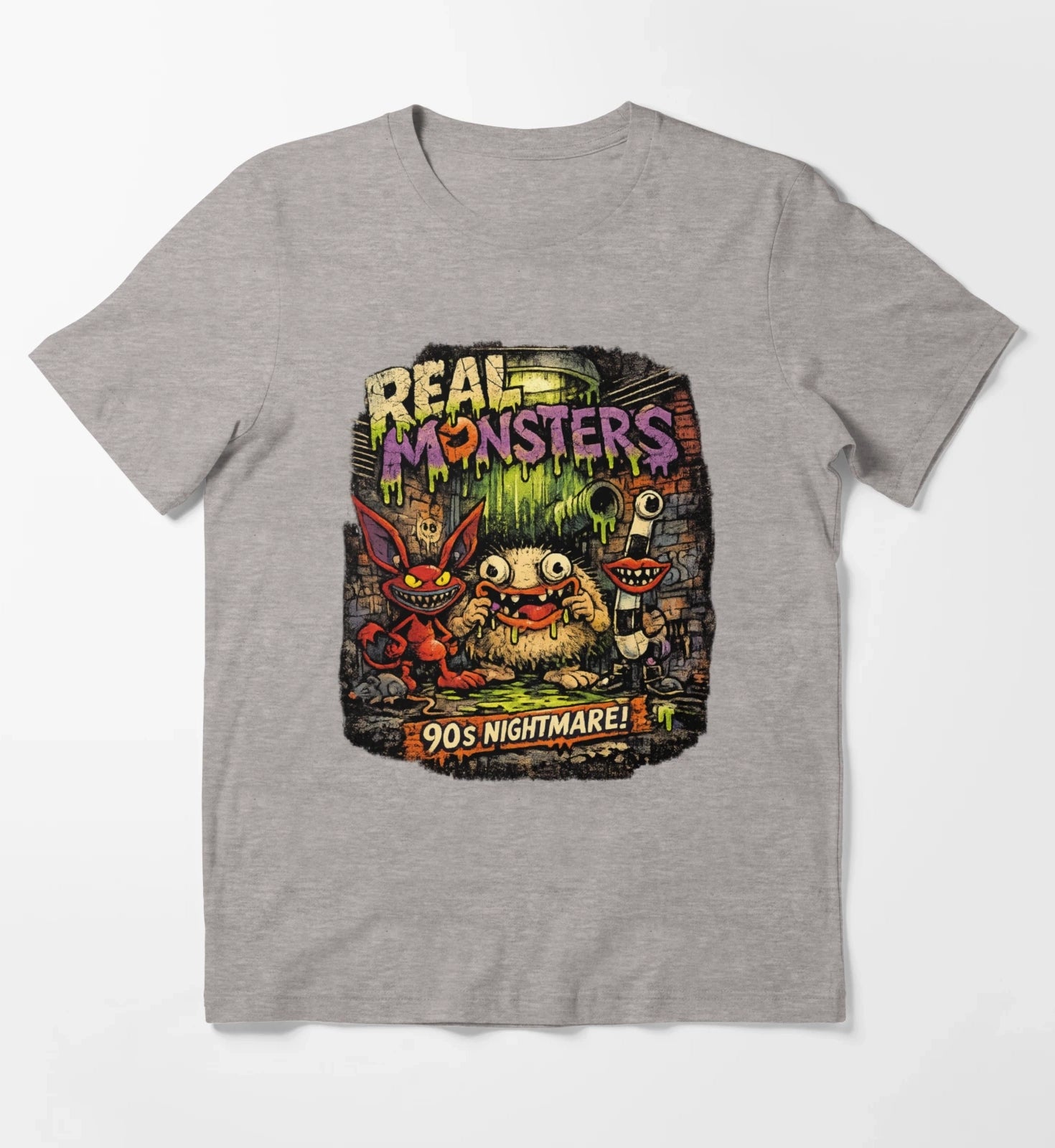 REAL MONSTERS Vintage Graphic Tee Retro 90s Cartoon Streetwear Shirt T-Shirt Heather Grey