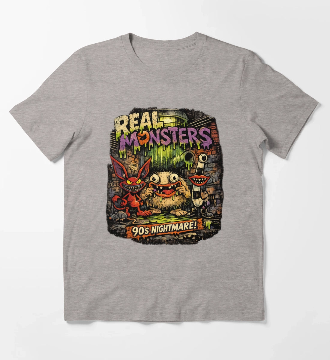 REAL MONSTERS Vintage Graphic Tee Retro 90s Cartoon Streetwear Shirt T-Shirt Heather Grey