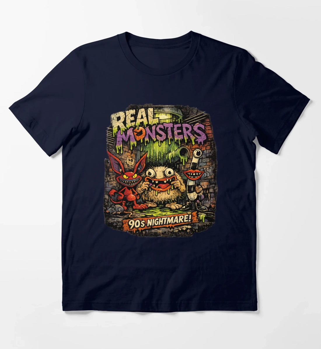 REAL MONSTERS Vintage Graphic Tee Retro 90s Cartoon Streetwear Shirt T-Shirt Navy