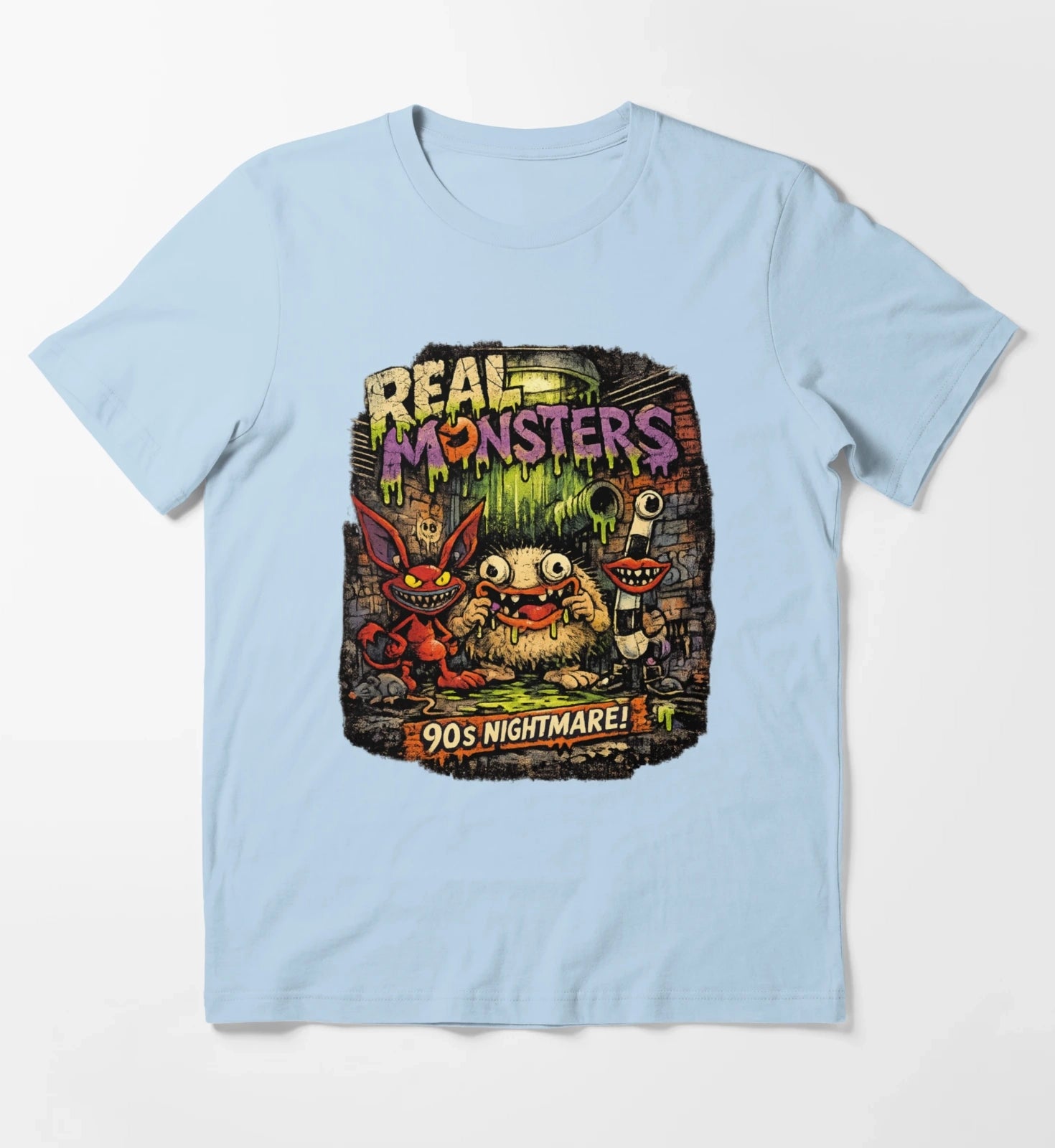 REAL MONSTERS Vintage Graphic Tee Retro 90s Cartoon Streetwear Shirt T-Shirt Sky Blue