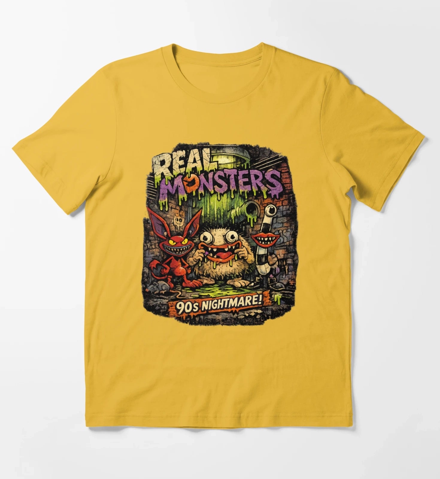 REAL MONSTERS Vintage Graphic Tee Retro 90s Cartoon Streetwear Shirt T-Shirt Yellow