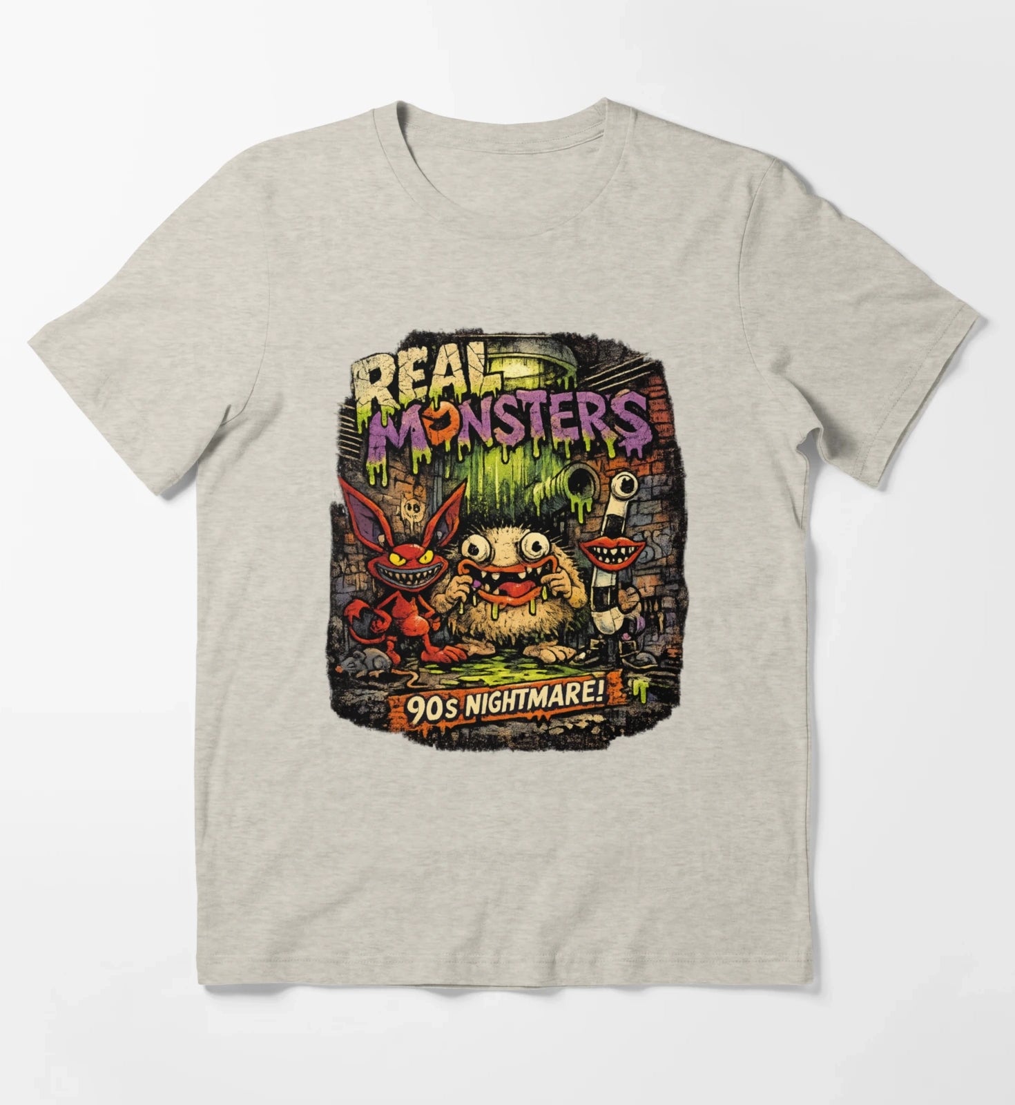 REAL MONSTERS Vintage Graphic Tee Retro 90s Cartoon Streetwear Shirt T-Shirt Cream