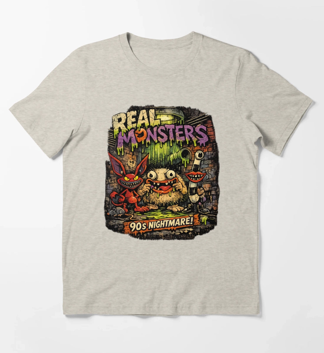 REAL MONSTERS Vintage Graphic Tee Retro 90s Cartoon Streetwear Shirt T-Shirt Cream