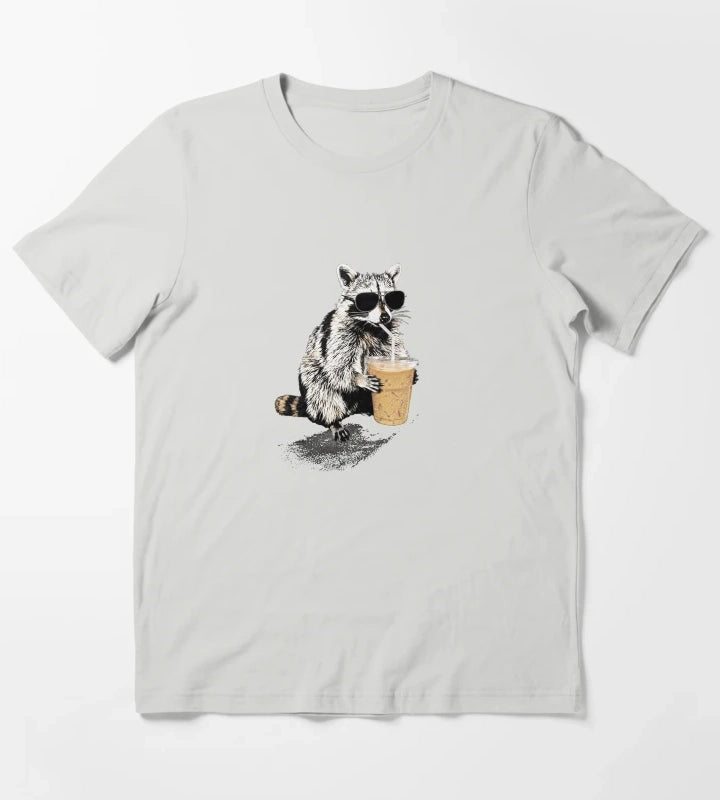 Raccoon Drinking Iced Coffee Funny Animal Meme Coffee Lover Raccoon Shirt Comfort Colors Unisex Graphic T-Shirt Light Grey