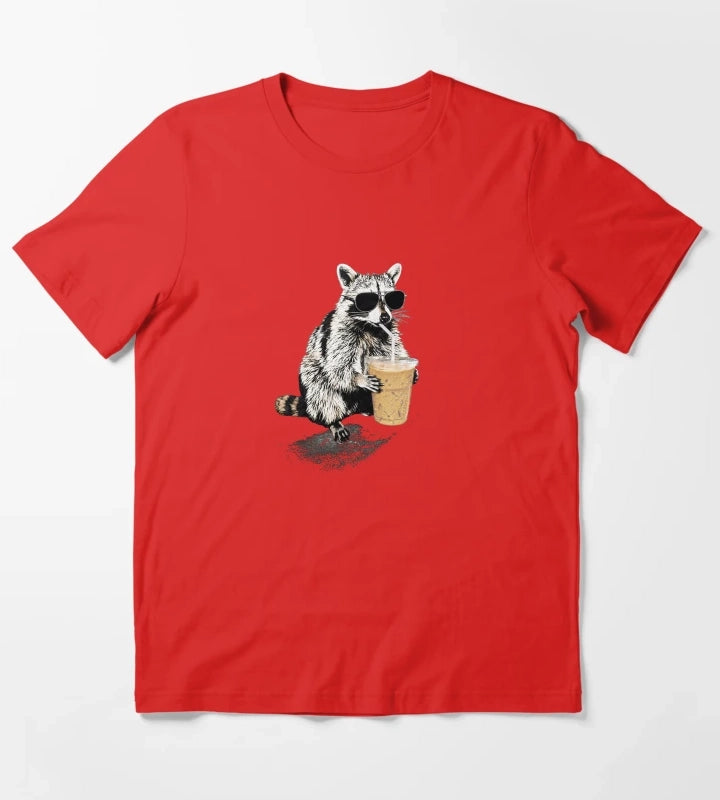 Raccoon Drinking Iced Coffee Funny Animal Meme Coffee Lover Raccoon Shirt Comfort Colors Unisex Graphic T-Shirt Red