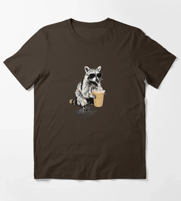 Raccoon Drinking Iced Coffee Funny Animal Meme Coffee Lover Raccoon Shirt Comfort Colors Unisex Graphic T-Shirt Brown