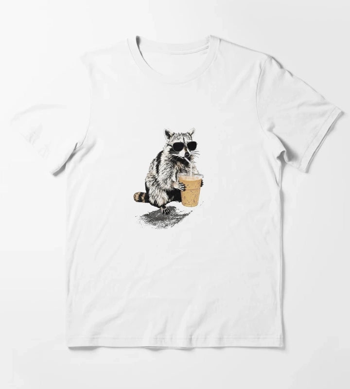 Raccoon Drinking Iced Coffee Funny Animal Meme Coffee Lover Raccoon Shirt Comfort Colors Unisex Graphic T-Shirt White