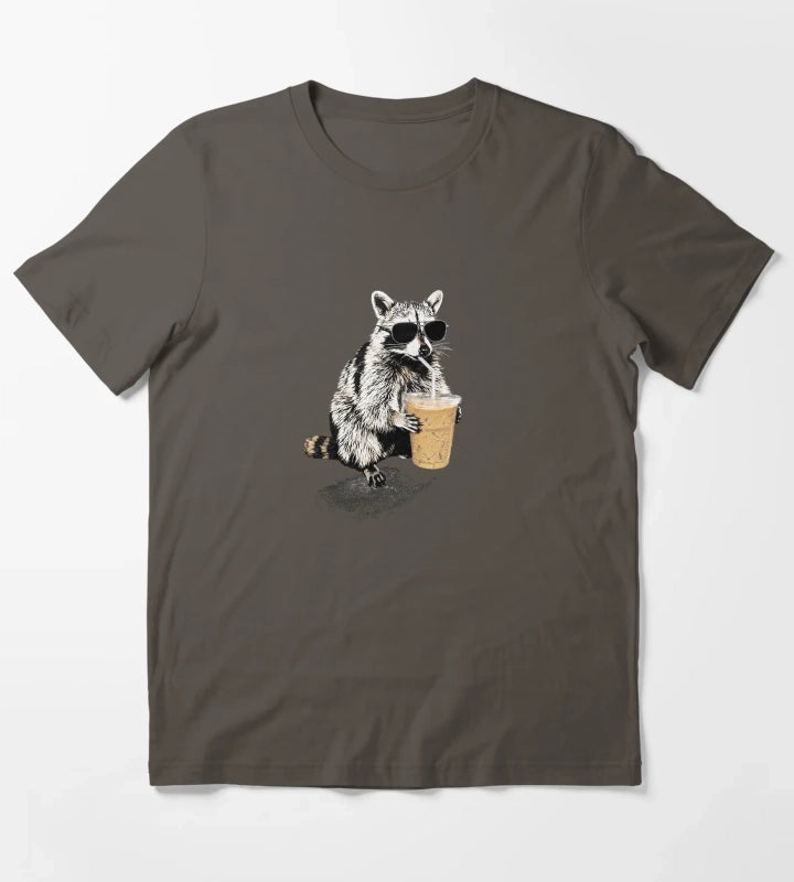 Raccoon Drinking Iced Coffee Funny Animal Meme Coffee Lover Raccoon Shirt Comfort Colors Unisex Graphic T-Shirt Dark Grey