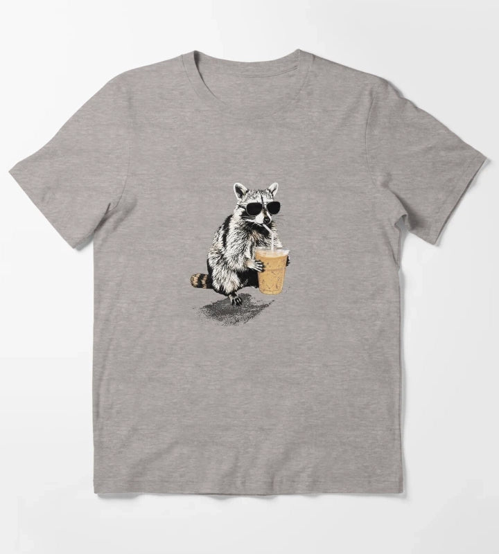 Raccoon Drinking Iced Coffee Funny Animal Meme Coffee Lover Raccoon Shirt Comfort Colors Unisex Graphic T-Shirt Heather Grey