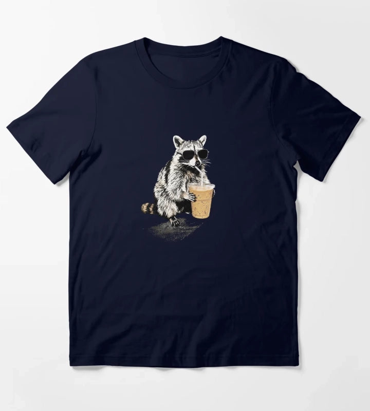 Raccoon Drinking Iced Coffee Funny Animal Meme Coffee Lover Raccoon Shirt Comfort Colors Unisex Graphic T-Shirt Navy