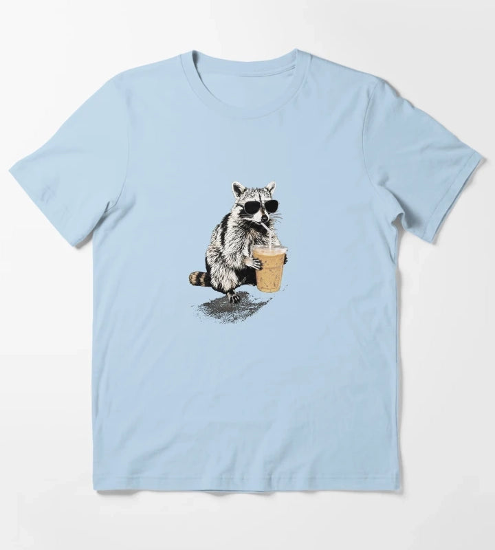 Raccoon Drinking Iced Coffee Funny Animal Meme Coffee Lover Raccoon Shirt Comfort Colors Unisex Graphic T-Shirt Sky Blue