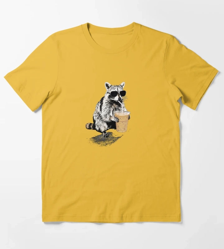 Raccoon Drinking Iced Coffee Funny Animal Meme Coffee Lover Raccoon Shirt Comfort Colors Unisex Graphic T-Shirt Yellow