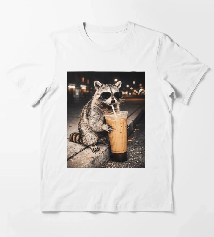 Raccoon Drinking Iced Coffee Funny Animal Meme Men Women T-Shirt White