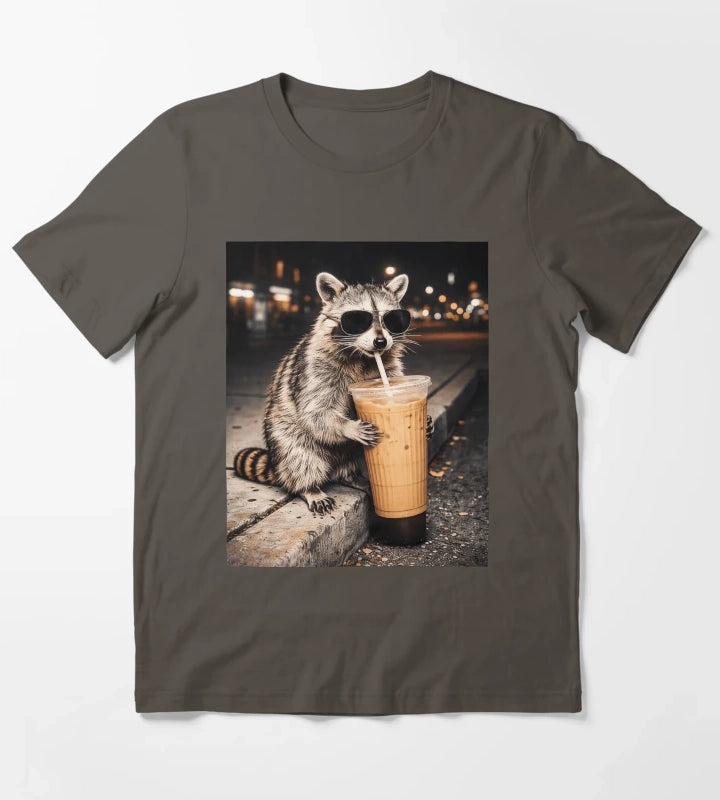 Raccoon Drinking Iced Coffee Funny Animal Meme Men Women T-Shirt Dark Grey