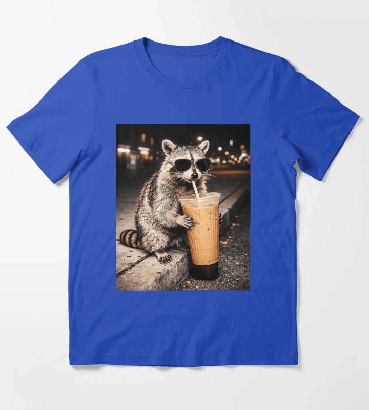 Raccoon Drinking Iced Coffee Funny Animal Meme Men Women T-Shirt Blue