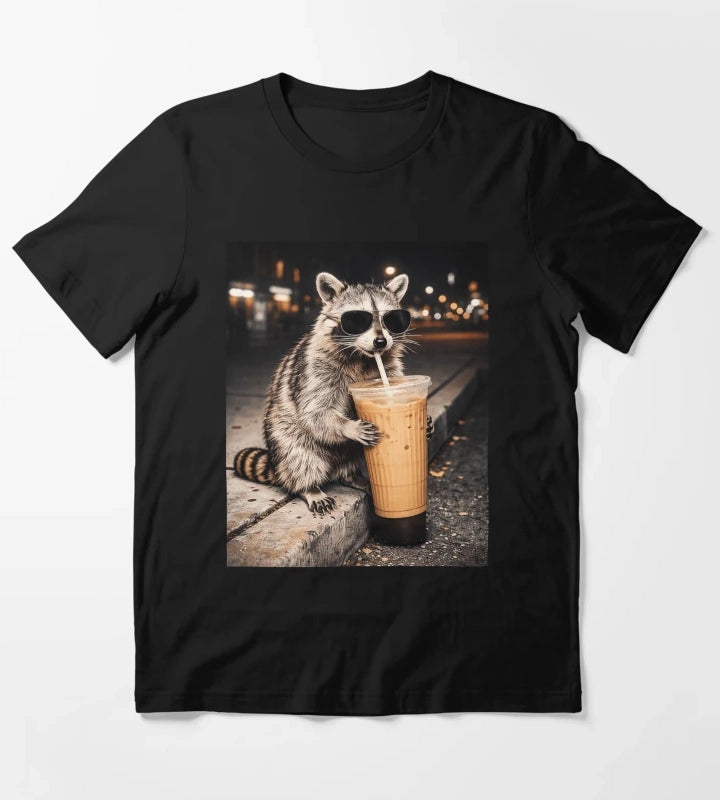 Raccoon Drinking Iced Coffee Funny Animal Meme Men Women T-Shirt