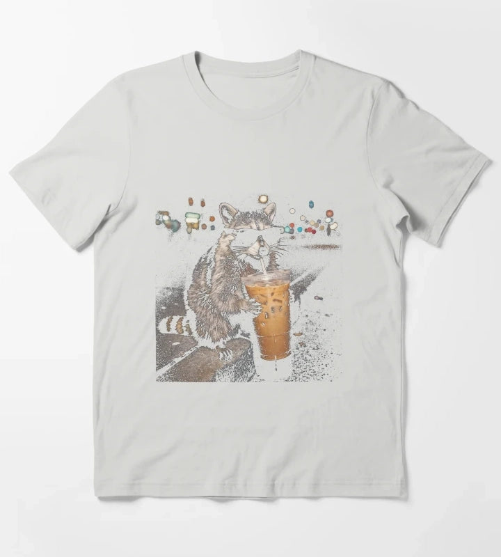 Raccoon Drinking Iced Coffee Funny Animal Meme Vintage Aesthetic TShirt T-Shirt Light Grey