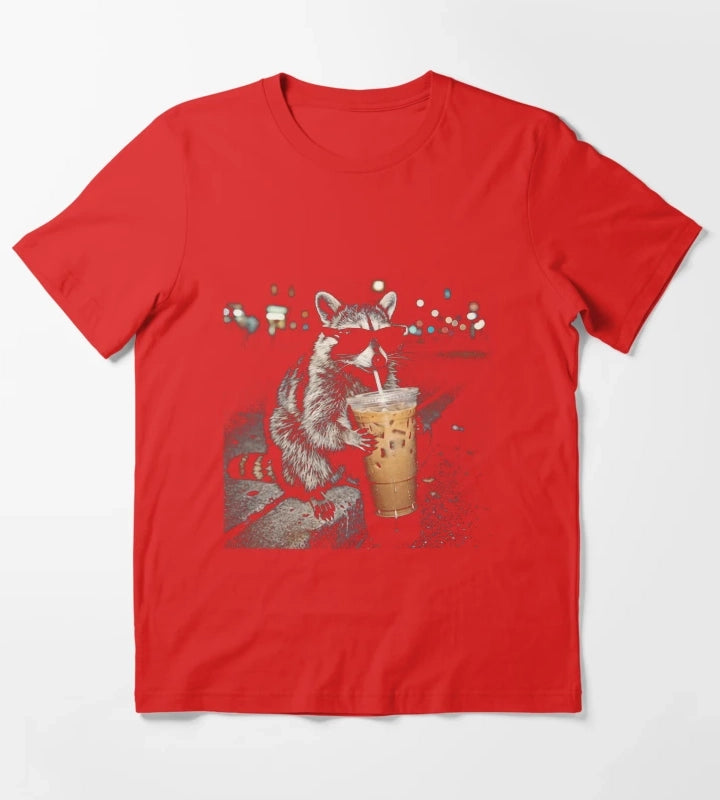 Raccoon Drinking Iced Coffee Funny Animal Meme Vintage Aesthetic TShirt T-Shirt Red