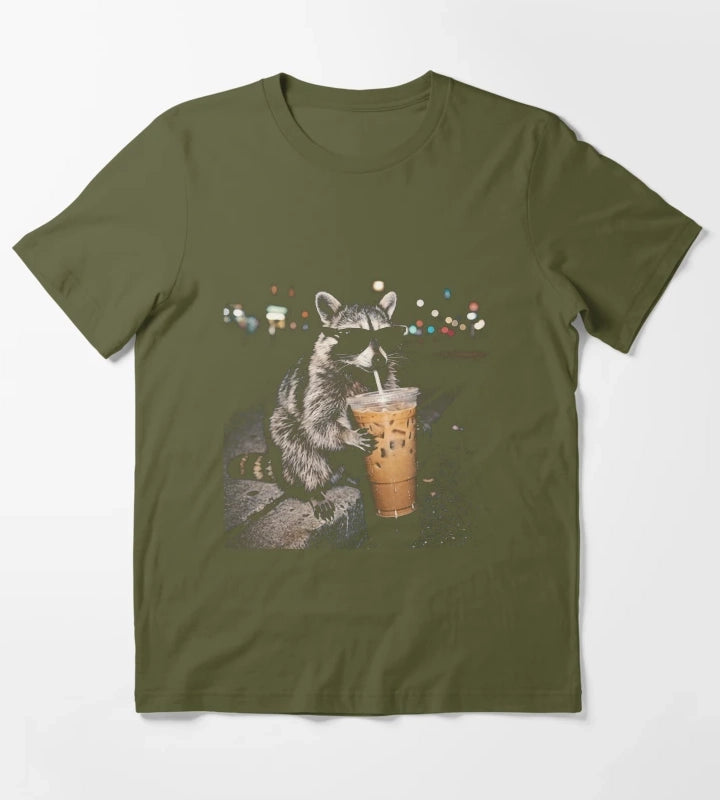 Raccoon Drinking Iced Coffee Funny Animal Meme Vintage Aesthetic TShirt T-Shirt Olive Green
