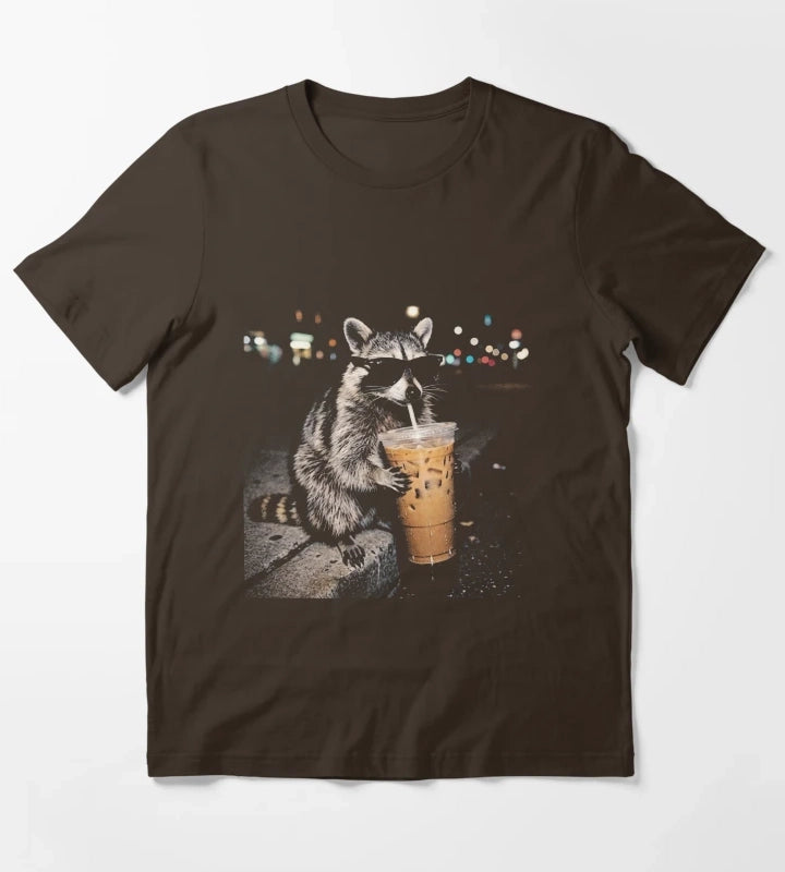 Raccoon Drinking Iced Coffee Funny Animal Meme Vintage Aesthetic TShirt T-Shirt Brown