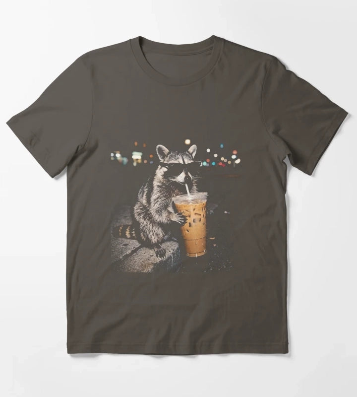 Raccoon Drinking Iced Coffee Funny Animal Meme Vintage Aesthetic TShirt T-Shirt Dark Grey