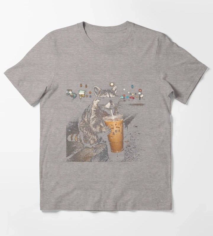 Raccoon Drinking Iced Coffee Funny Animal Meme Vintage Aesthetic TShirt T-Shirt Heather Grey