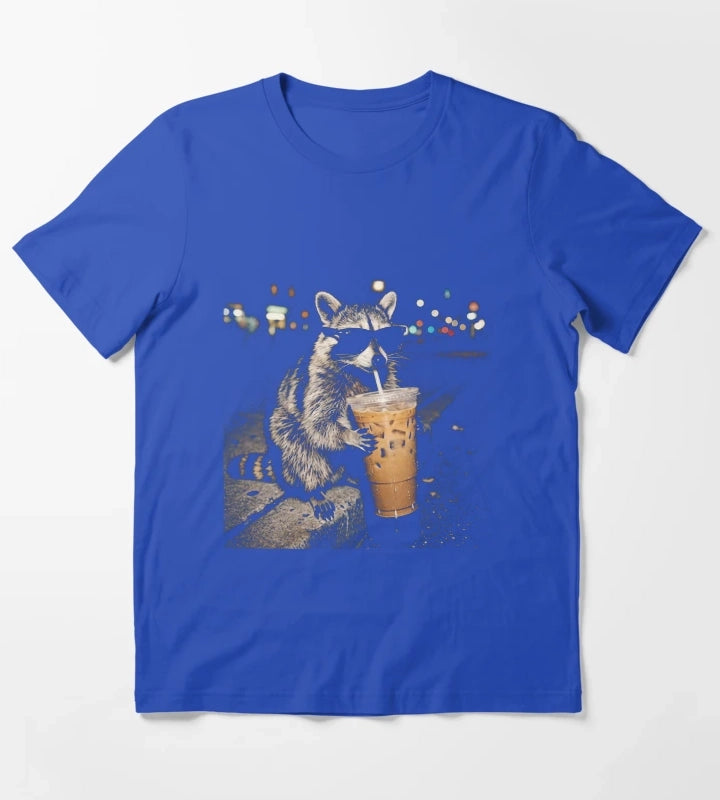 Raccoon Drinking Iced Coffee Funny Animal Meme Vintage Aesthetic TShirt T-Shirt Blue