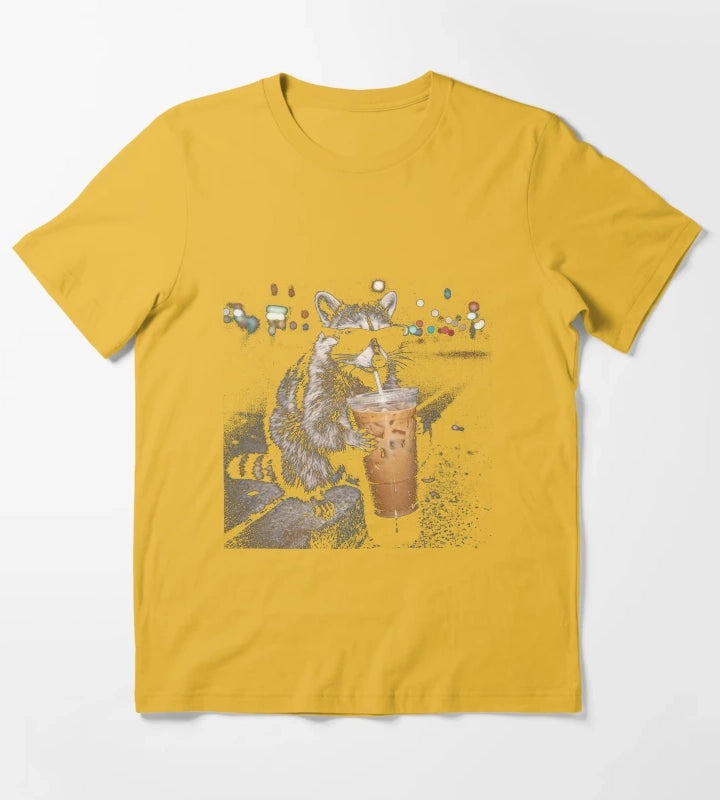 Raccoon Drinking Iced Coffee Funny Animal Meme Vintage Aesthetic TShirt T-Shirt Yellow
