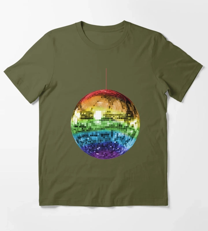 Rainbow 1970s Disco Ball T-Shirt Olive Green