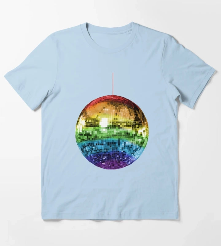 Rainbow 1970s Disco Ball T-Shirt Sky Blue