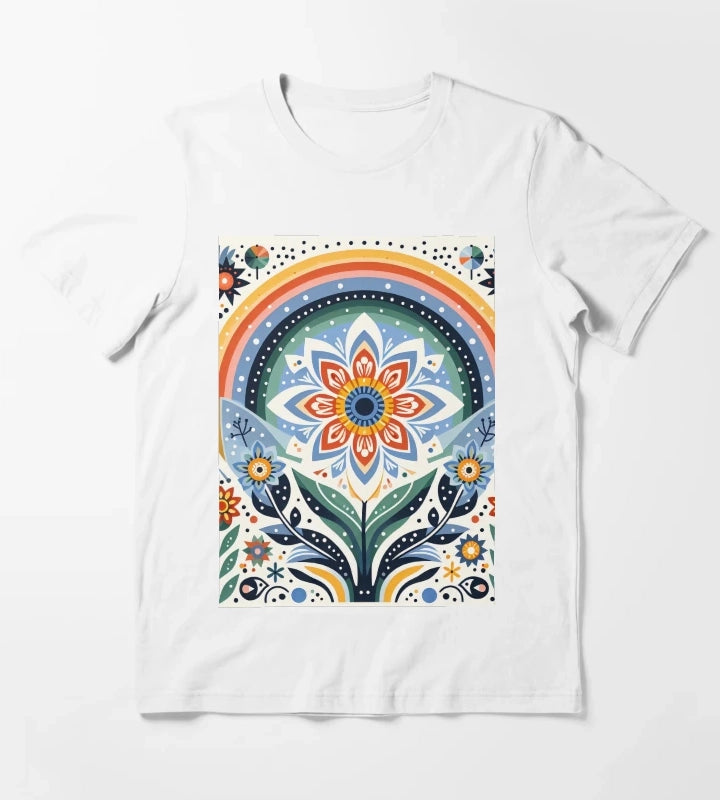 Rainbow Daisy Scandinavian Folk Art by heidiannemorris T-Shirt White