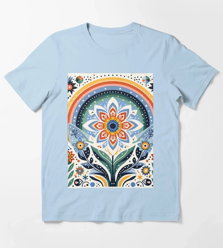 Rainbow Daisy Scandinavian Folk Art by heidiannemorris T-Shirt Sky Blue