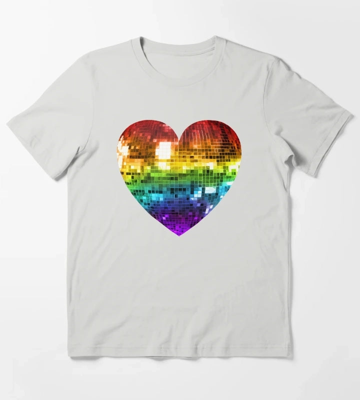 Rainbow Disco Ball Heart T-Shirt Light Grey