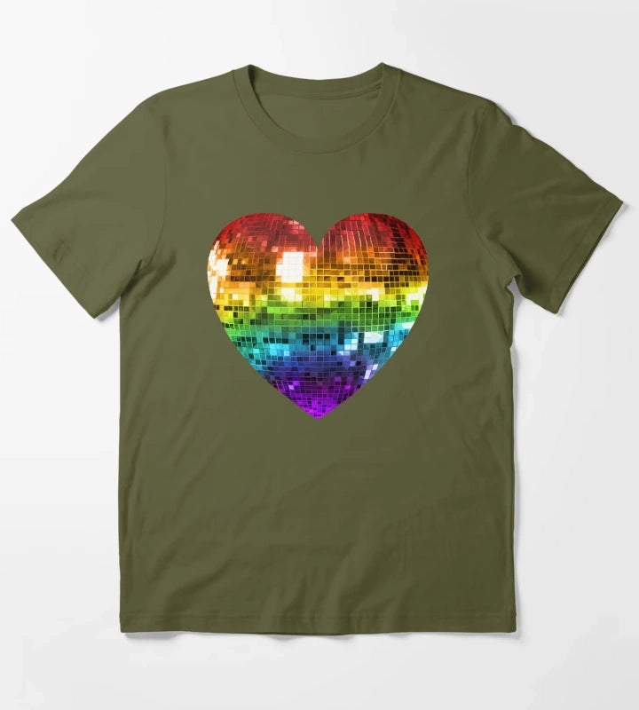 Rainbow Disco Ball Heart T-Shirt Olive Green