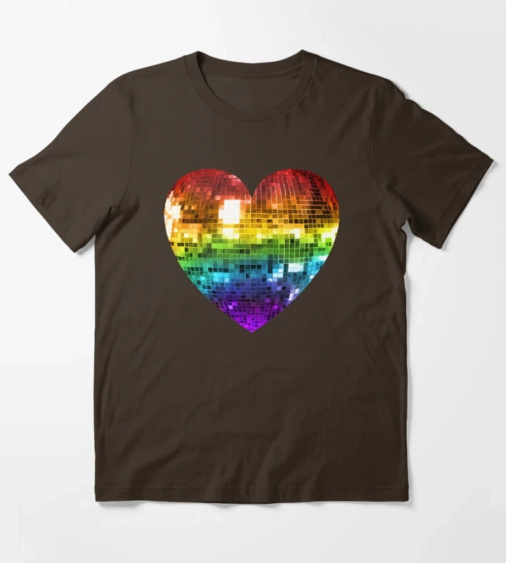 Rainbow Disco Ball Heart T-Shirt Brown