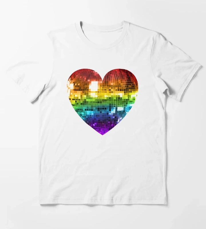 Rainbow Disco Ball Heart T-Shirt White