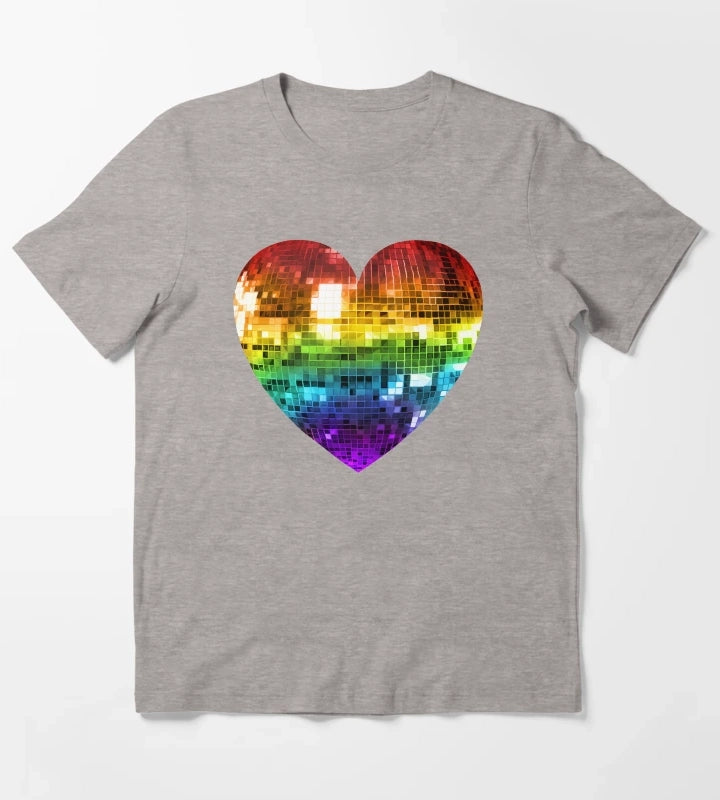 Rainbow Disco Ball Heart T-Shirt Heather Grey